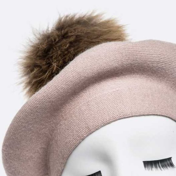 Genuine Fur Pom Cashmere Beret - Blush - Picture 3 of 3
